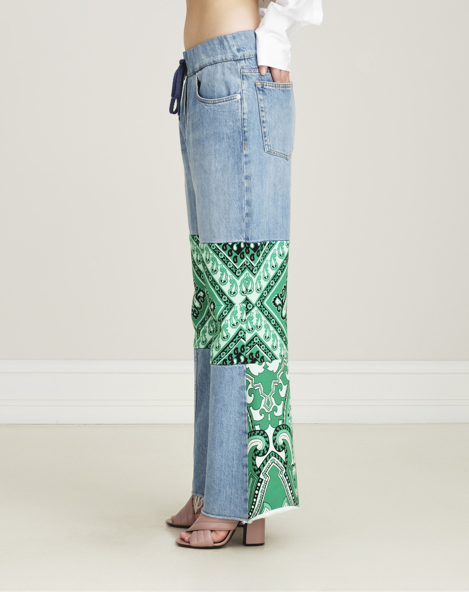 Etro- Green Paisley Patchwork Wide Leg Jeans